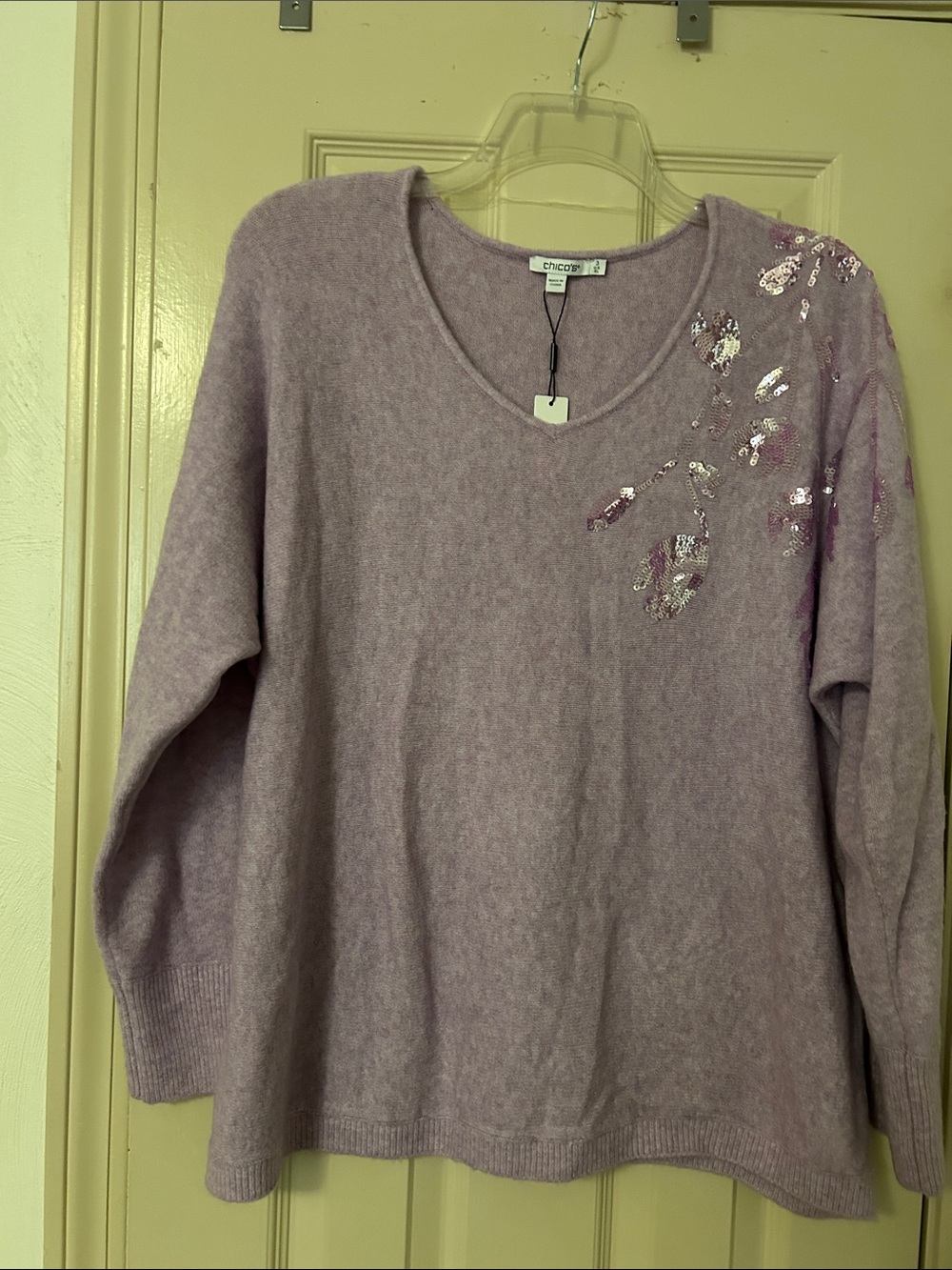 Chico's Lavender Sequin Shoulder V-Neck Sweater